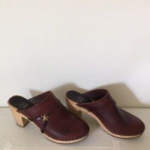 Maroon Leather Clogs with Wooden Heel